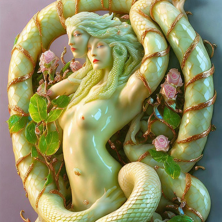 Surreal art: Entwined serpentine figures among roses and vines