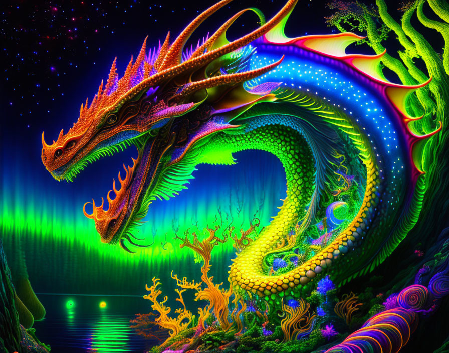 Neon-colored dragon-like creature in digital artwork