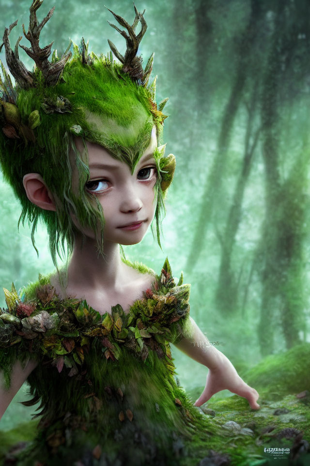 Green-skinned forest creature with leafy hair and horns in misty woodland.