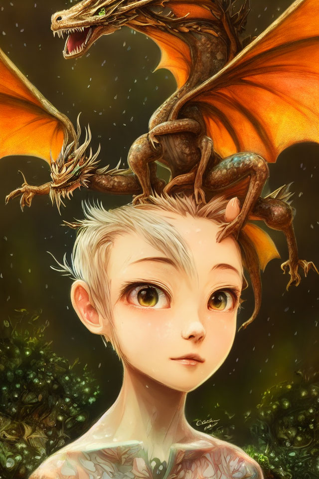 Illustration of person with short hair, tattoos, and dragons in forest setting