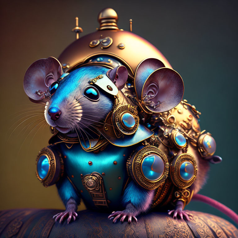 Blue Mouse in Golden Steampunk Armor with Gears