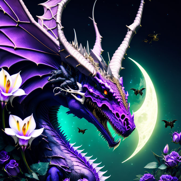 Purple Dragon with Glowing Eyes in Surreal Landscape