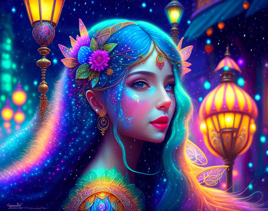 Colorful digital artwork: Woman with blue hair, flowers, gold jewelry, lanterns, mystical aura