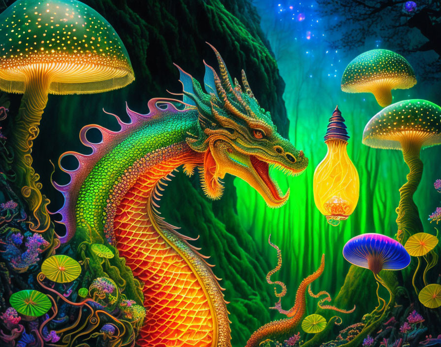 Colorful Dragon in Enchanted Fantasy Scene