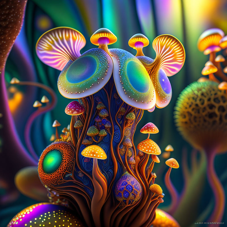 Colorful digital art: stylized neon mushrooms with intricate patterns on whimsical flora background