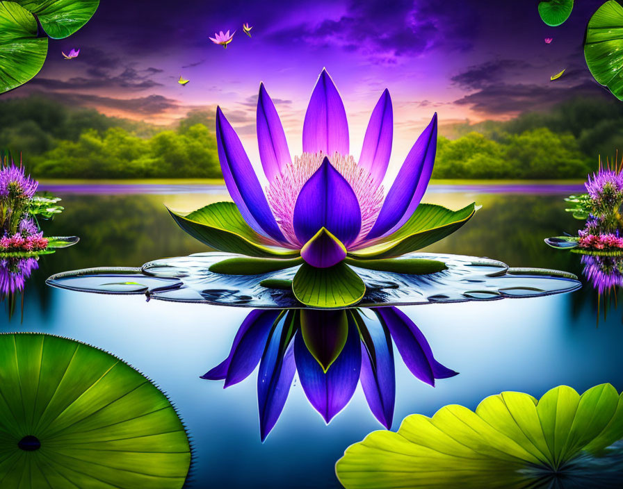 Purple Lotus Flower Blooming Over Tranquil Water Surface at Twilight