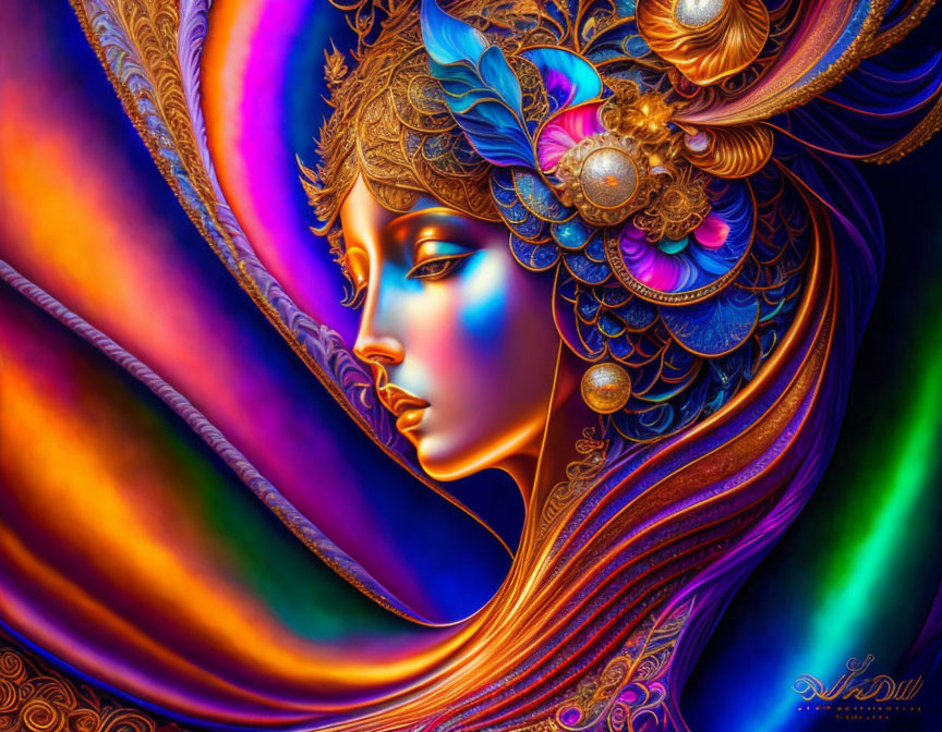 Colorful Woman with Elaborate Headpiece and Feathers on Iridescent Background