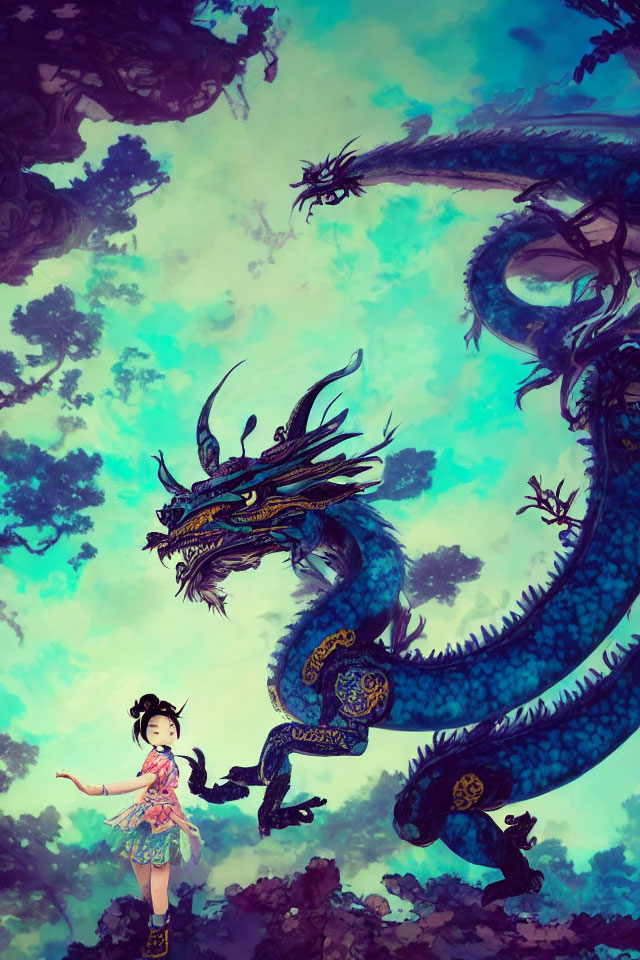 Traditional attire girl poses with blue dragon in mystical setting