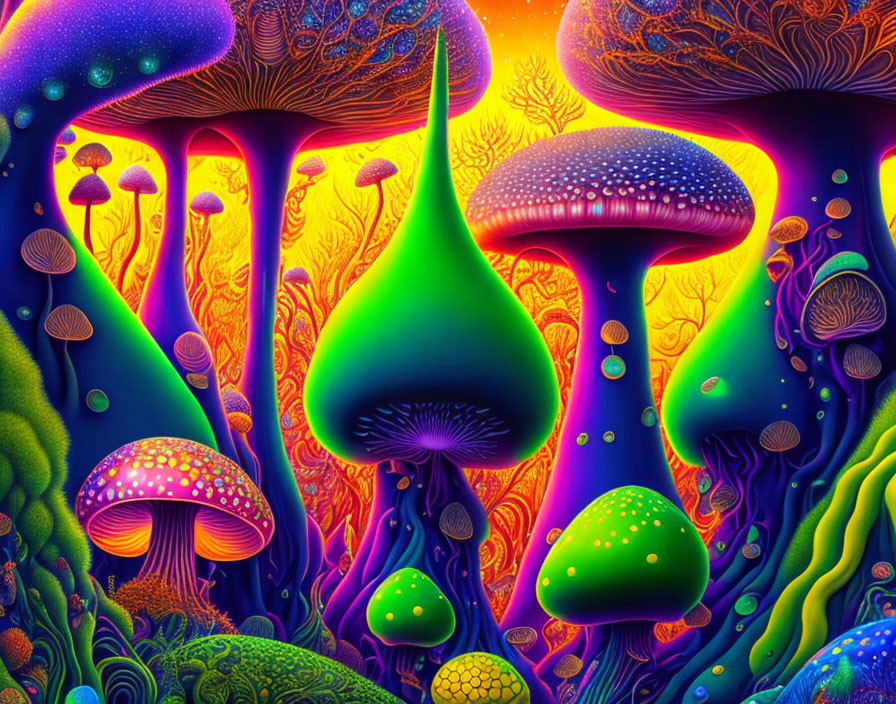 Colorful psychedelic mushroom illustration in neon landscape