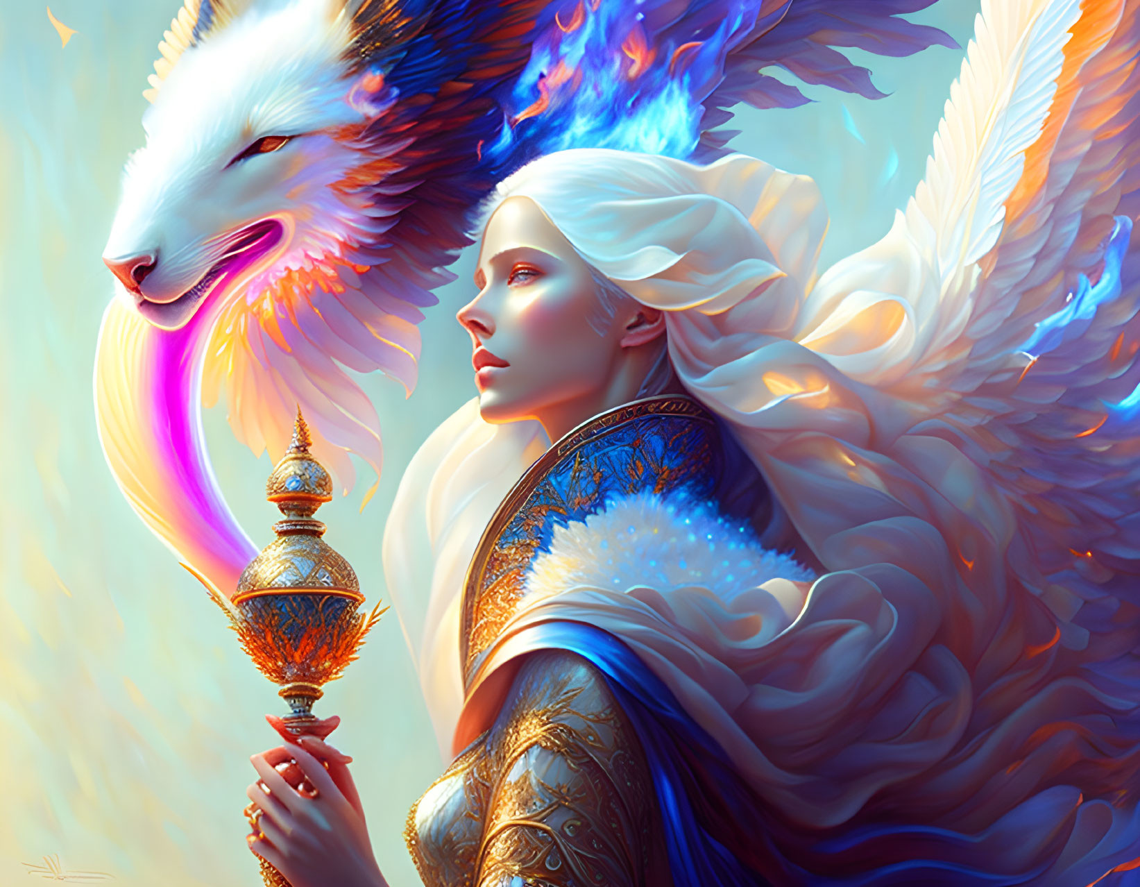 Serene woman with angelic wings and majestic wolf in fantastical portrait