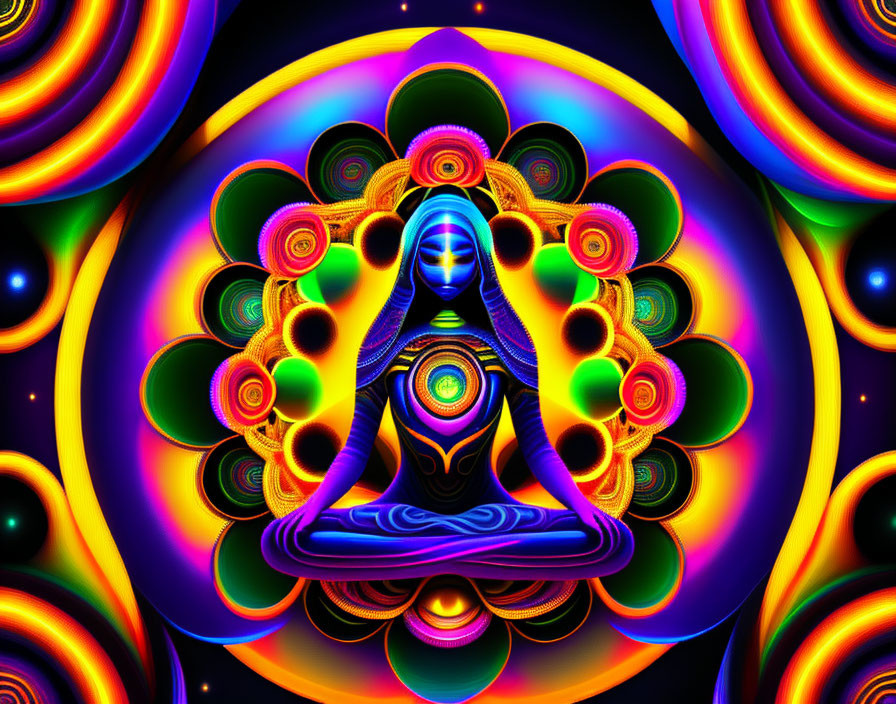 Colorful Digital Artwork: Meditative Figure in Psychedelic Patterns