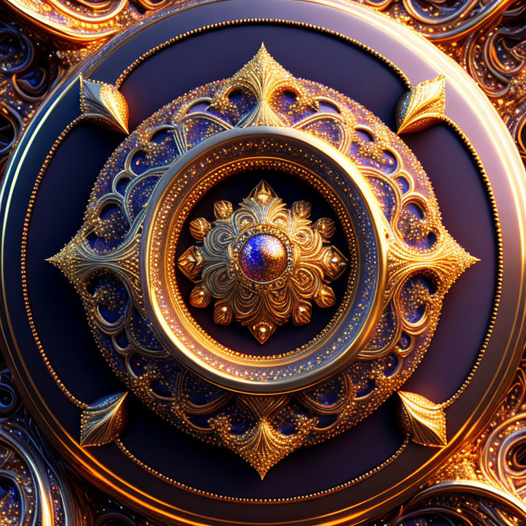 Golden fractal mandala with blue gem on deep blue background