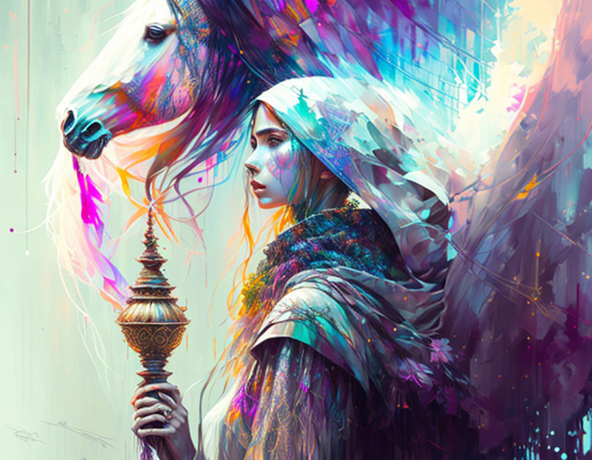 Woman with facial markings holding staff beside majestic white horse with cosmic strokes