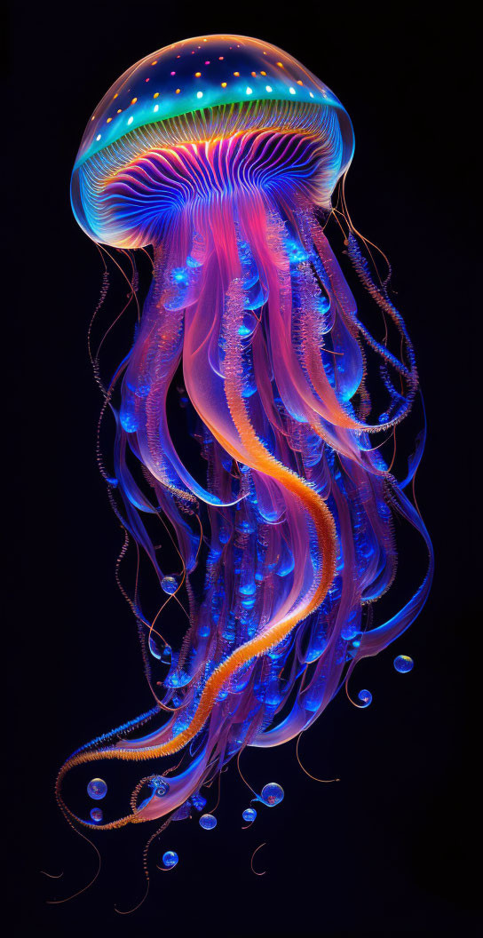 Colorful Jellyfish with Glowing Tentacles and Patterns on Dark Background