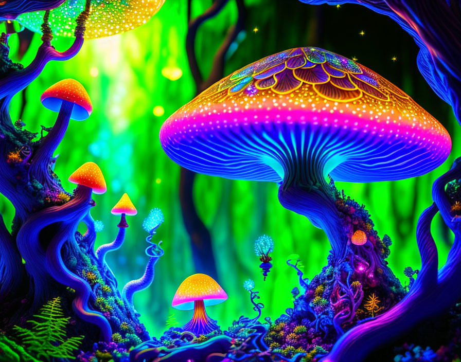 Neon-colored fantastical mushrooms in enchanted forest setting