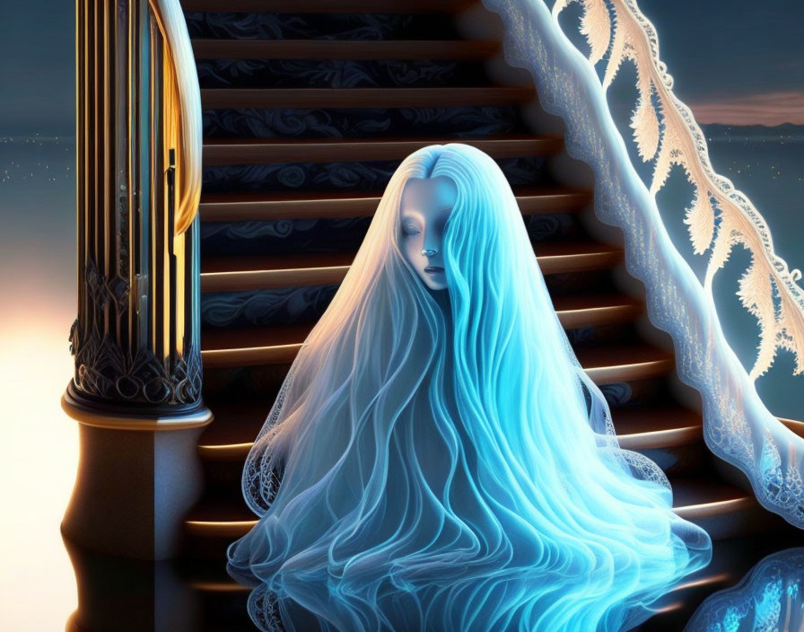 Fantasy image: Woman with long blue hair near staircase and harp