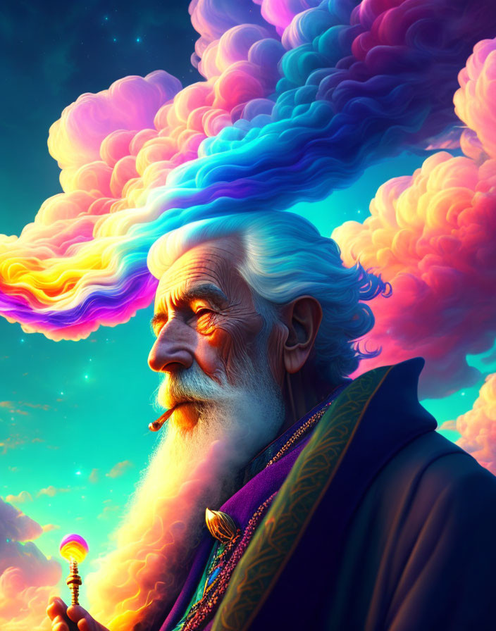 Colorful-bearded elderly wizard with magical staff in vibrant sky