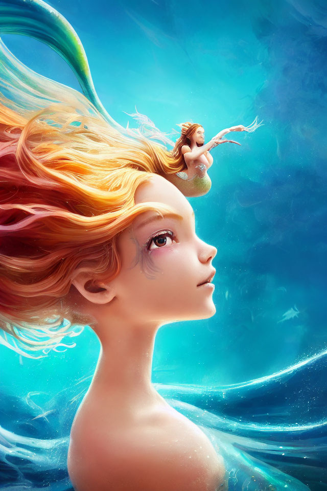 Surreal female figure with flowing hair merging into smaller figure on vivid blue backdrop