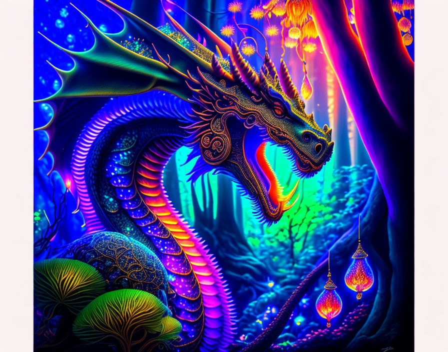 Dragon illustration in blue and purple scales within enchanted forest.