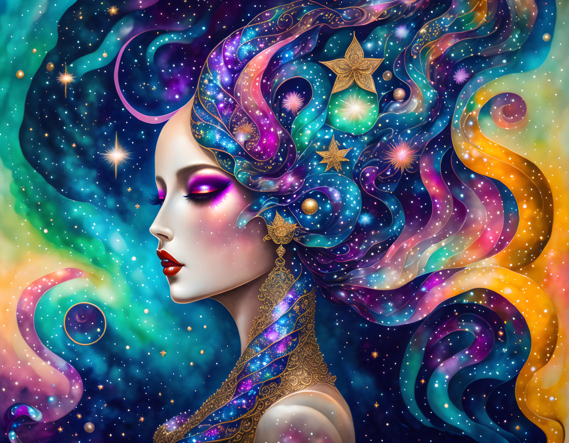 Cosmic illustration of woman with galaxy-themed hair