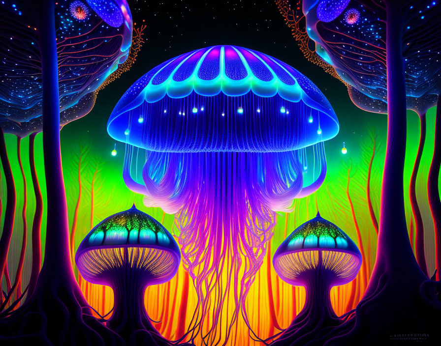 Colorful digital artwork: Neon jellyfish in psychedelic underwater scene