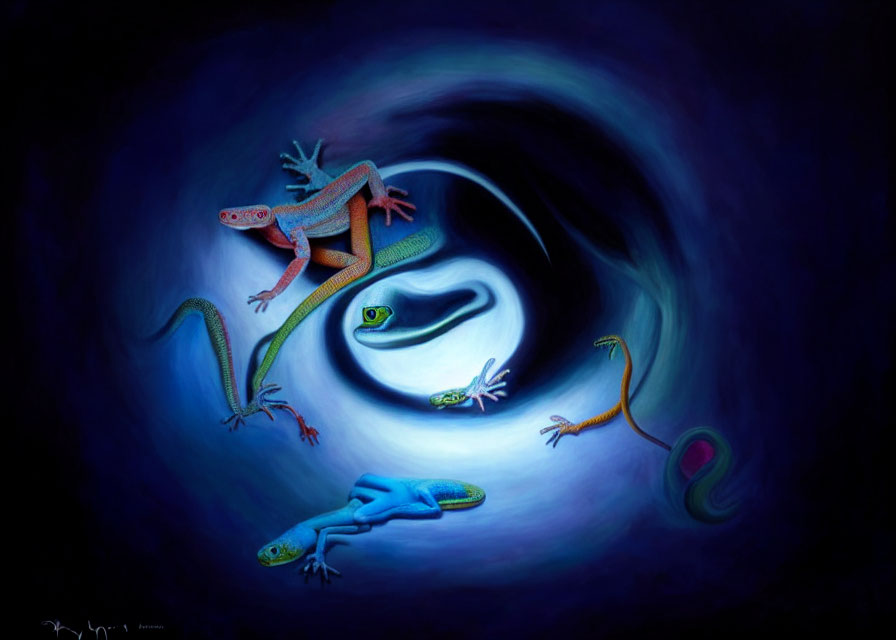 Colorful Lizards and Snakes Swirling in Dark Vortex