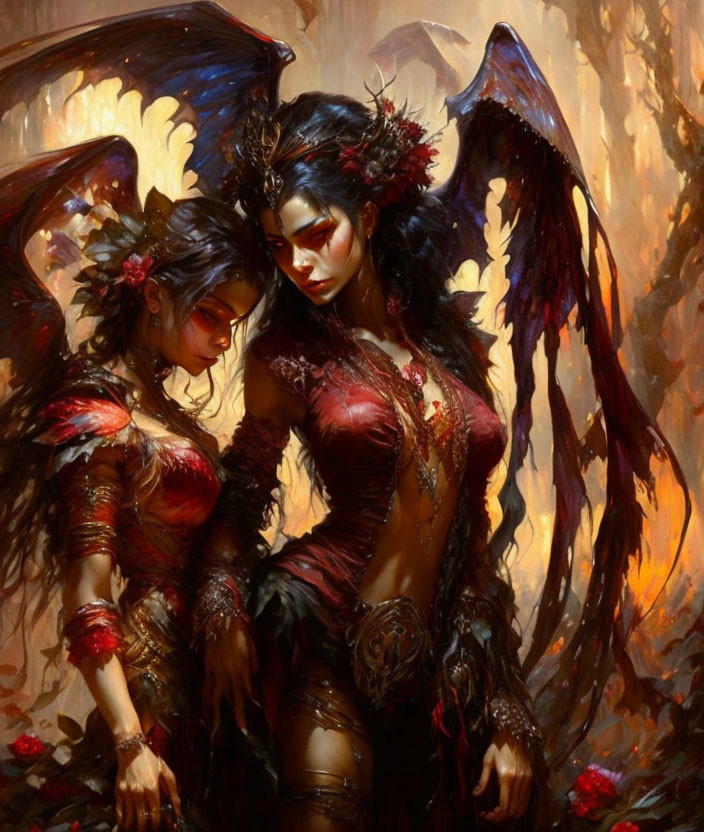 Fantasy-themed female characters in red armor with dark wings in golden backdrop