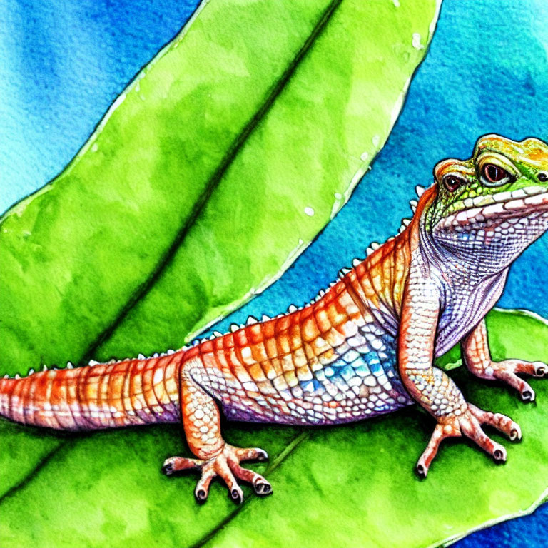 Detailed Watercolor Painting of Orange and White Lizard on Green Leaf