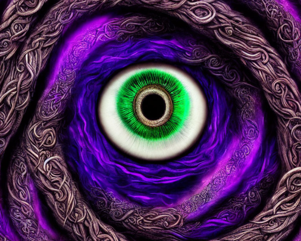 Detailed vibrant green eye with swirling purple and violet floral textures