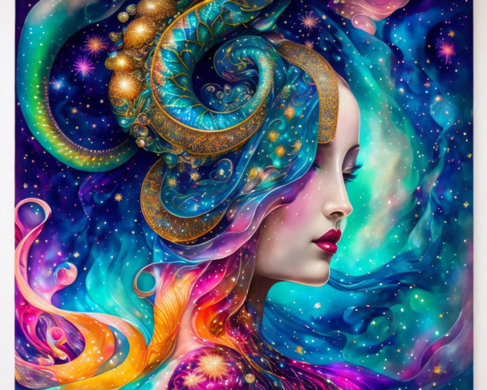 Cosmic-themed digital painting of a woman with golden-accented hair.