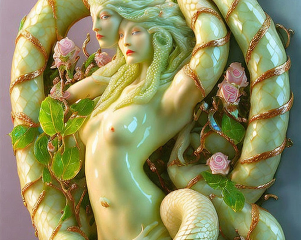 Surreal art: Entwined serpentine figures among roses and vines