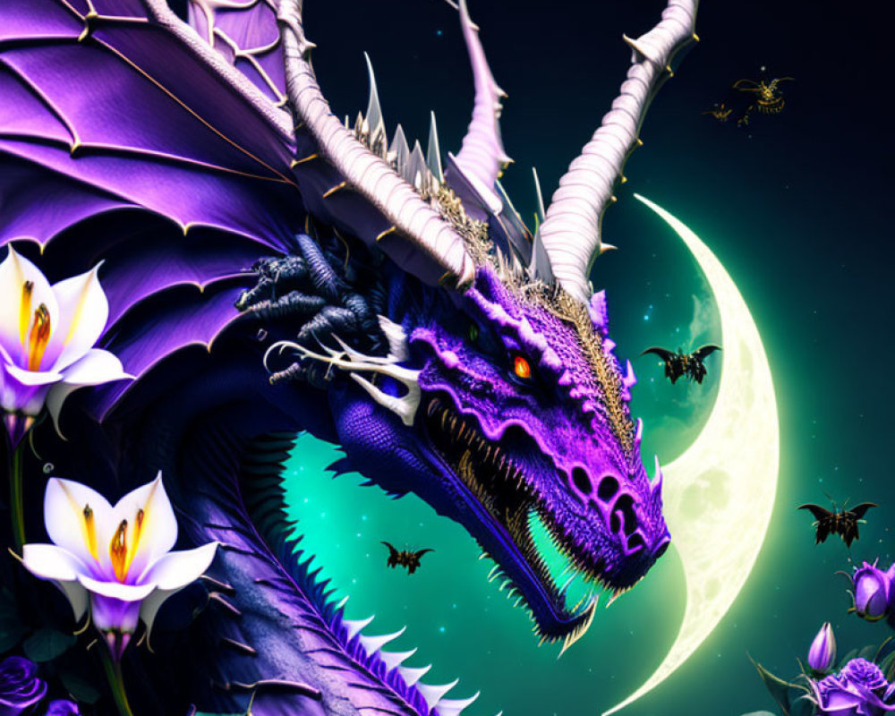 Purple Dragon with Glowing Eyes in Surreal Landscape