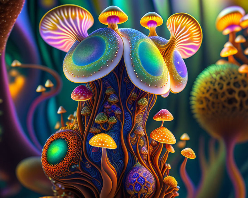 Colorful digital art: stylized neon mushrooms with intricate patterns on whimsical flora background