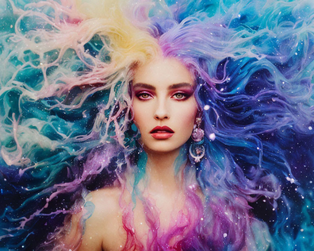 Colorful woman's portrait with cosmic nebula hair and bold makeup.