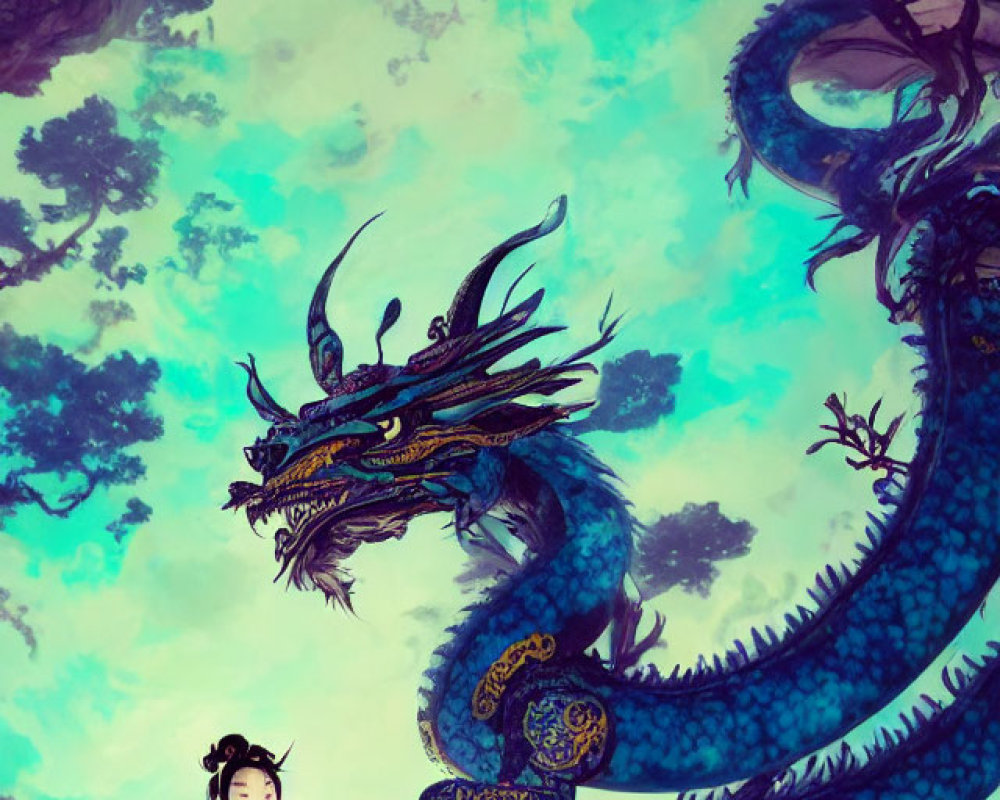 Traditional attire girl poses with blue dragon in mystical setting