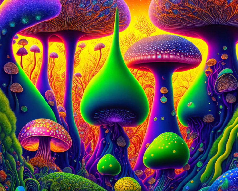 Colorful psychedelic mushroom illustration in neon landscape