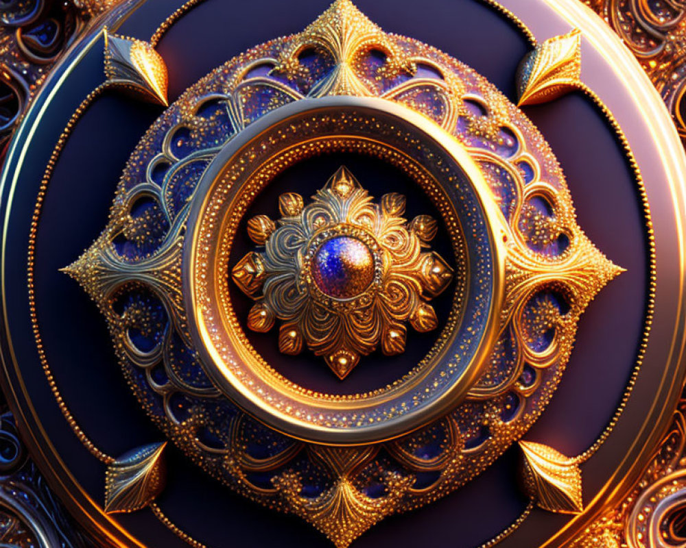 Golden fractal mandala with blue gem on deep blue background