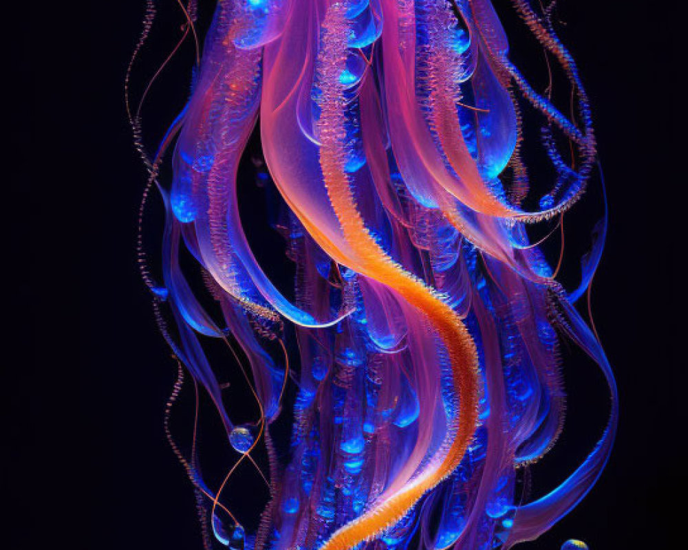 Colorful Jellyfish with Glowing Tentacles and Patterns on Dark Background