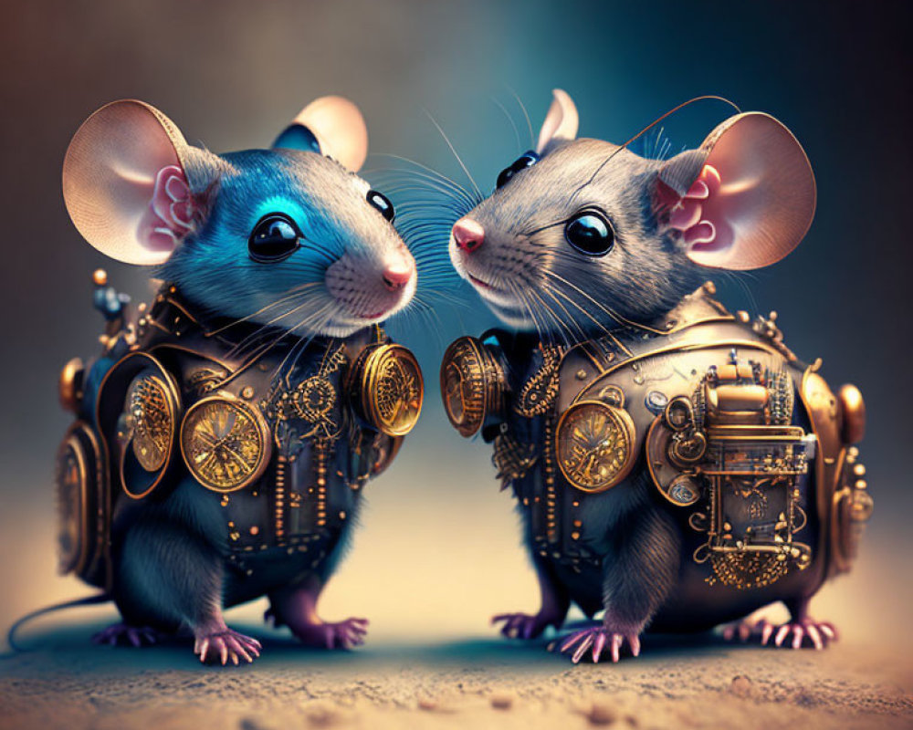 Steampunk-themed anthropomorphic mice in detailed attire, face-to-face