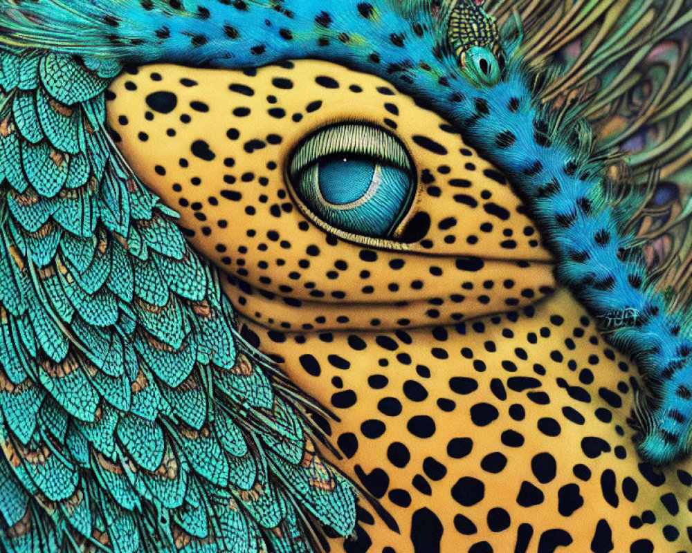 Colorful Animal Illustration with Leopard Print Body and Aqua-Blue Feathers