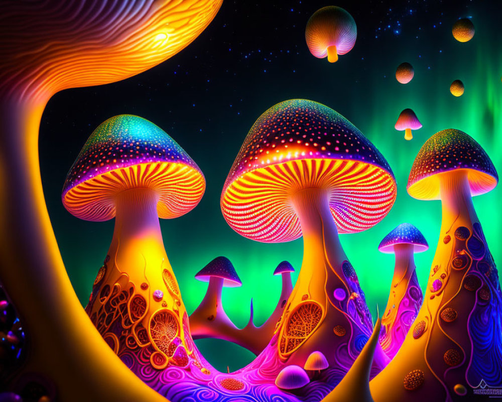 Neon-colored bioluminescent mushrooms on cosmic backdrop