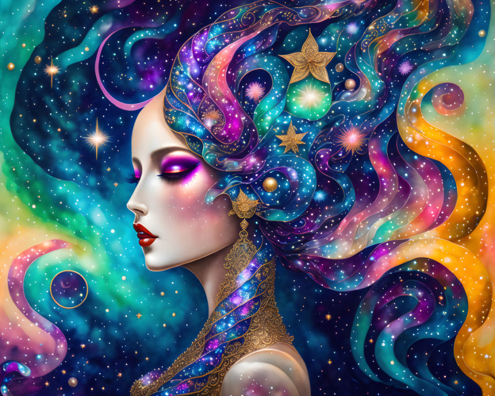 Cosmic illustration of woman with galaxy-themed hair