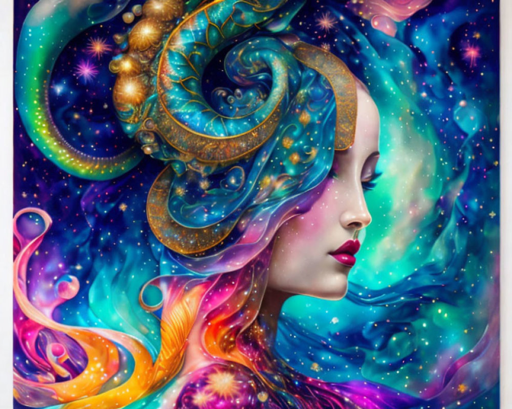 Colorful cosmic woman digital artwork with swirling hair in starry space backdrop.