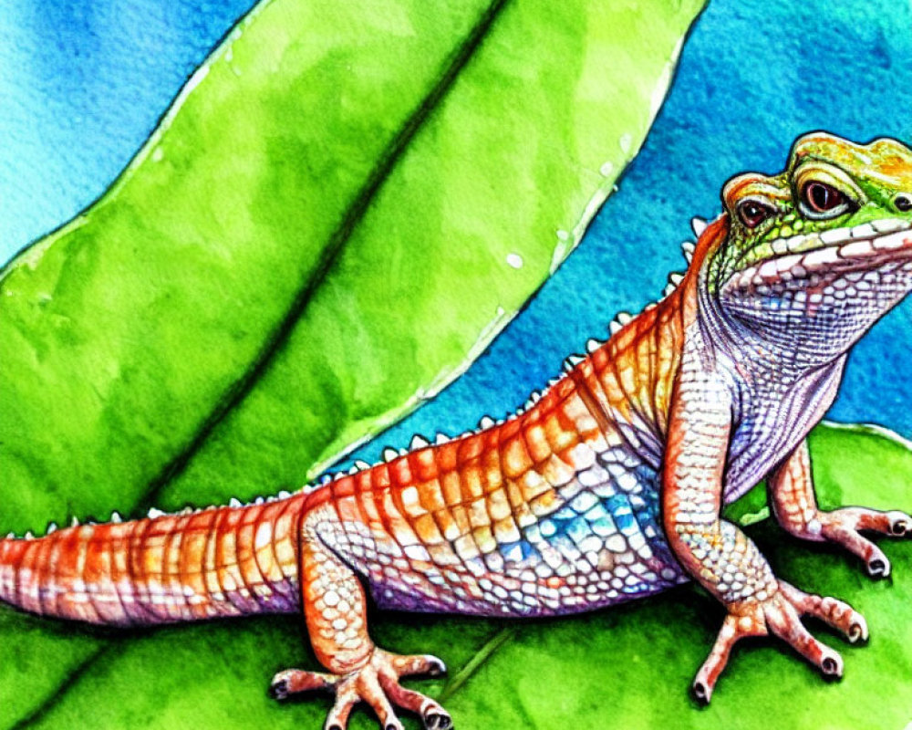 Detailed Watercolor Painting of Orange and White Lizard on Green Leaf