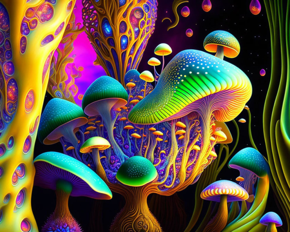 Colorful Psychedelic Illustration of Mushrooms and Fantastical Plant-life