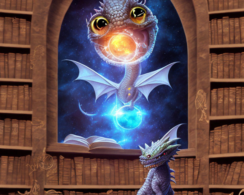 Baby dragon illustration in library with celestial background