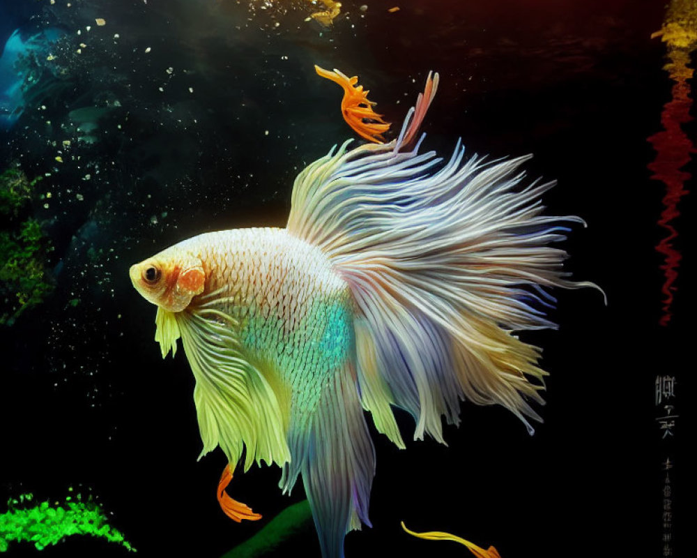 Colorful Betta Fish Swimming in Dark Aquatic Environment