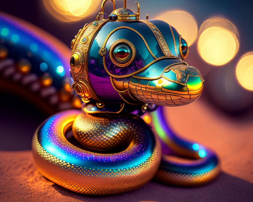 Intricate Metallic Snake with Colorful Glowing Scales