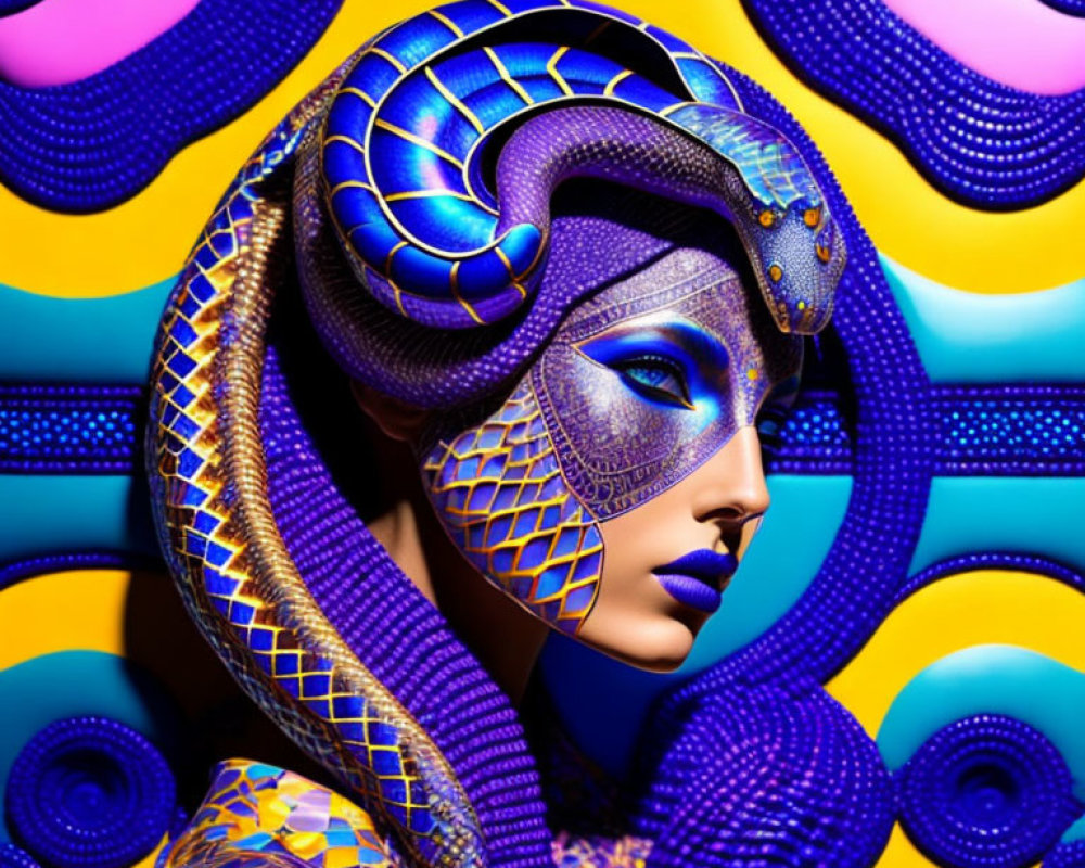 Colorful artwork of woman in cobalt blue and gold armor on abstract background