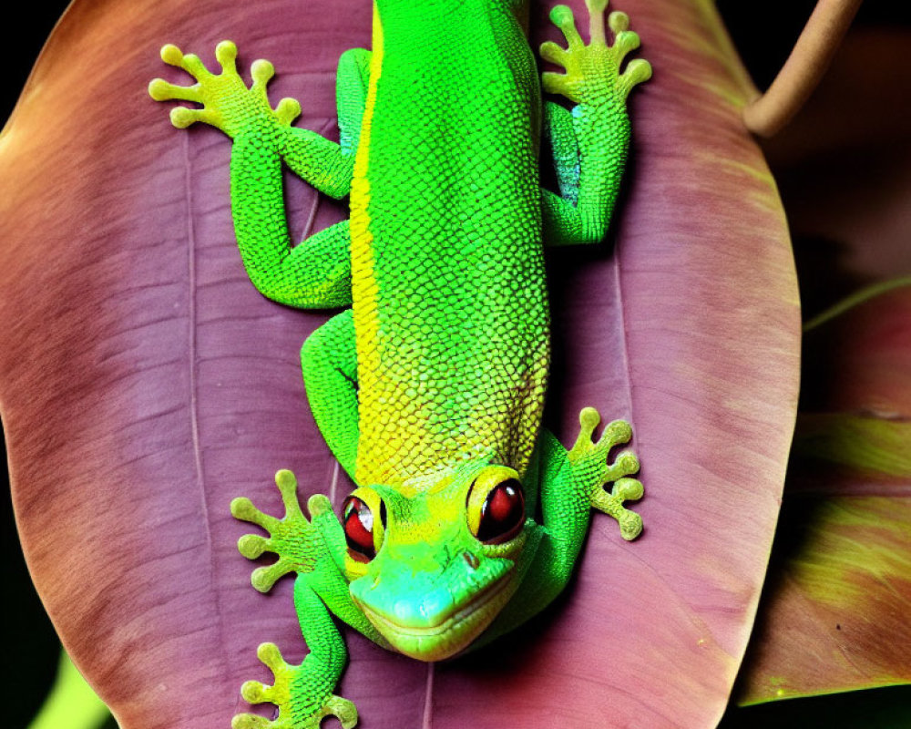 Colorful Green Gecko with Red Eyes on Purple Leaf